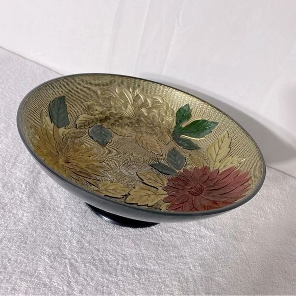 Vintage Nasco Lacquerware Textured Peony  Pedestal Bowl - Picture 1 of 14